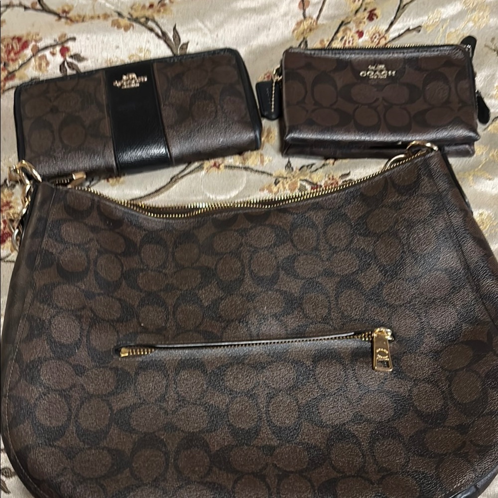 Coach Brown Hobo Bag with Signature Monogram and Leather Trim